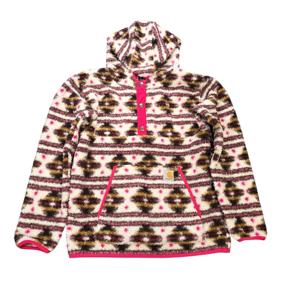 Carhartt Camouflage Print Fleece Hoodie Girl's Size L 12 Pink Brown Southwestern